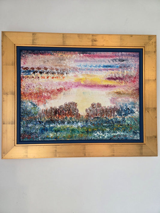 Original Abstract Landscape Oil Painting - Textured Sunset Wall Art - Vibrant Pink and Blue Impressionist Decor - Framed Impasto Nature Art