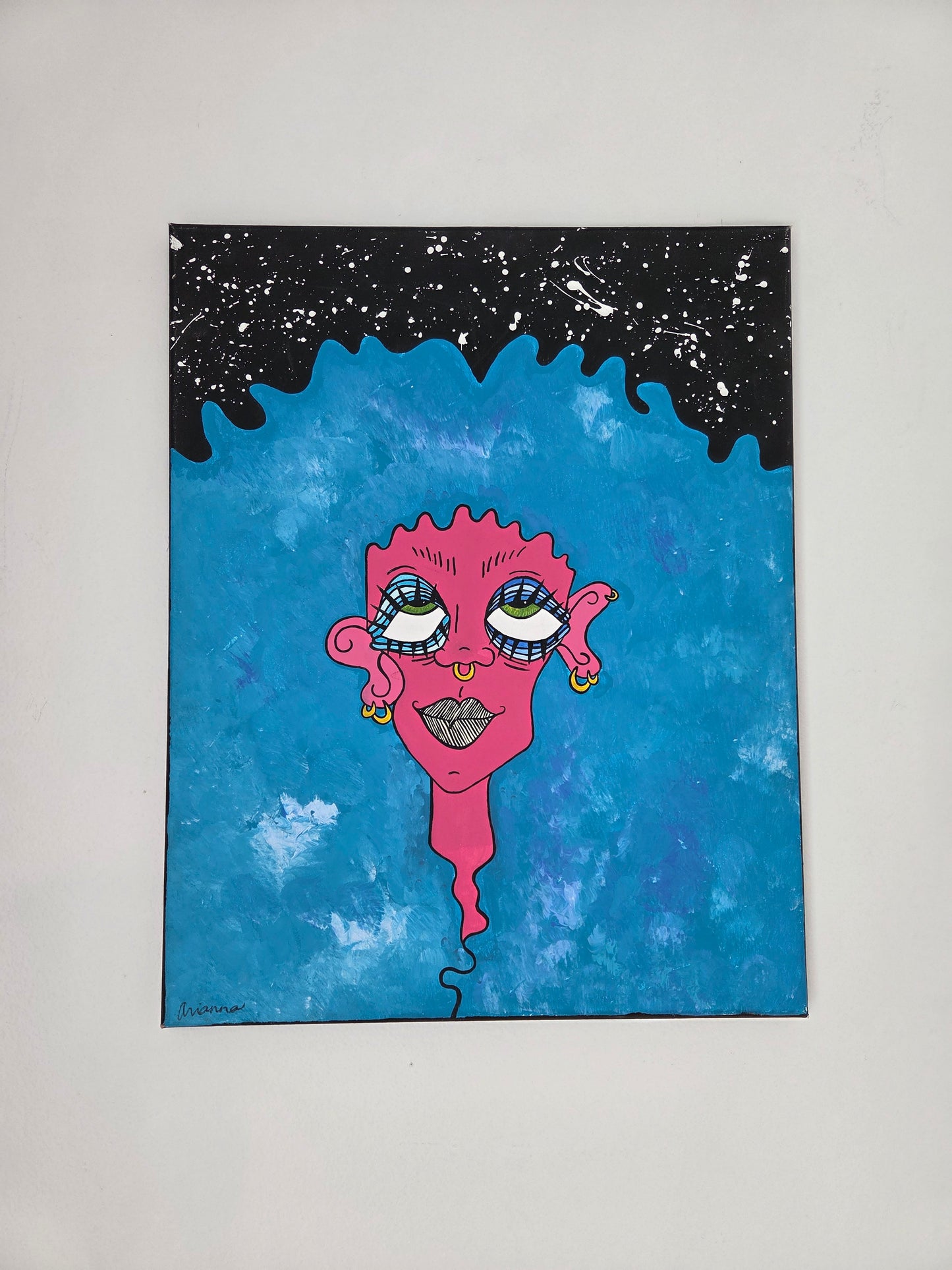 Original Hand-painted Vibrant Pop Art Blue Hair Pink Face girl on canvas Artwork