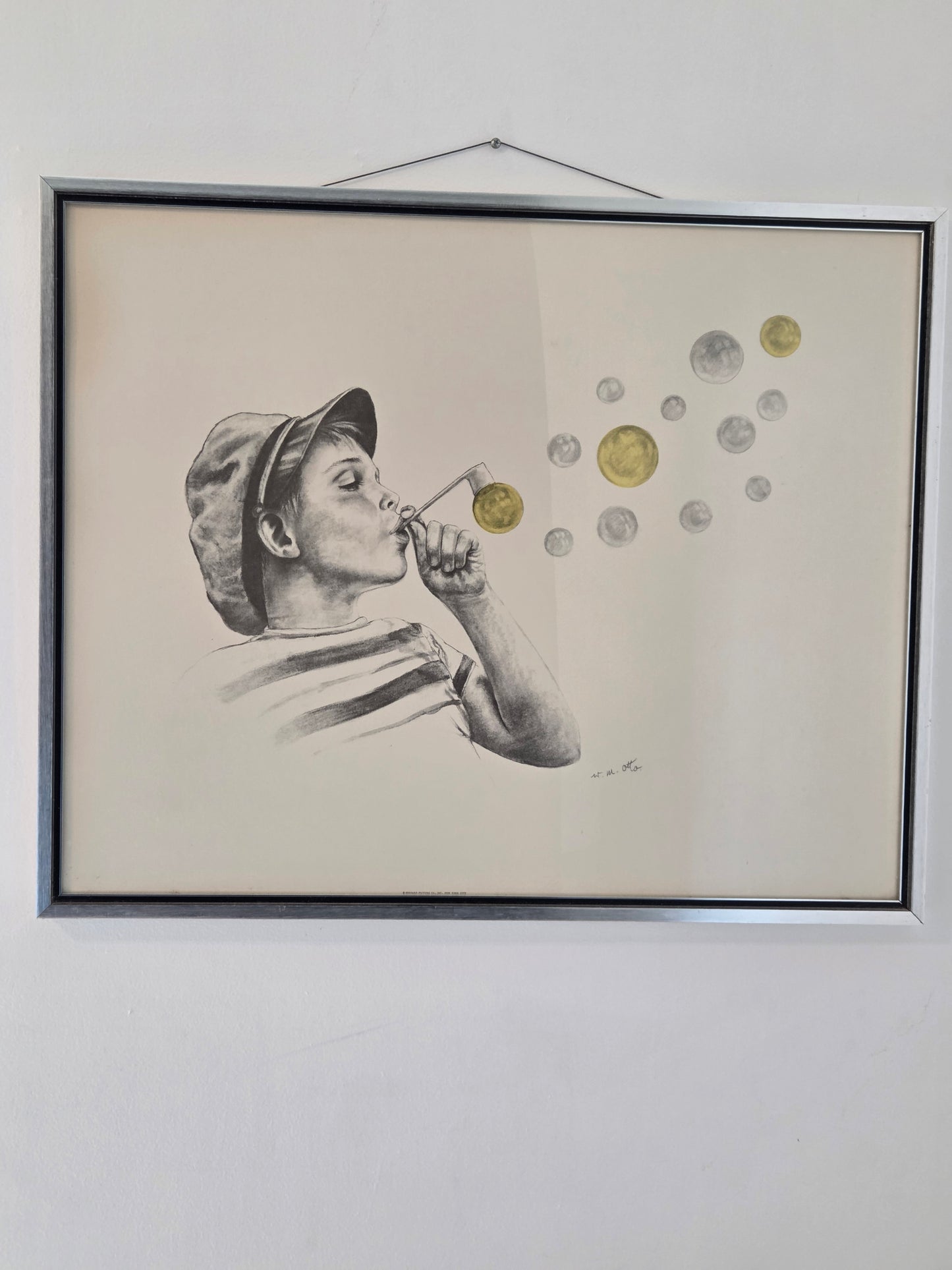 Original Wolfgang M Otto Pencil Drawing Signed Boy Blowing Bubble Artwork Framed