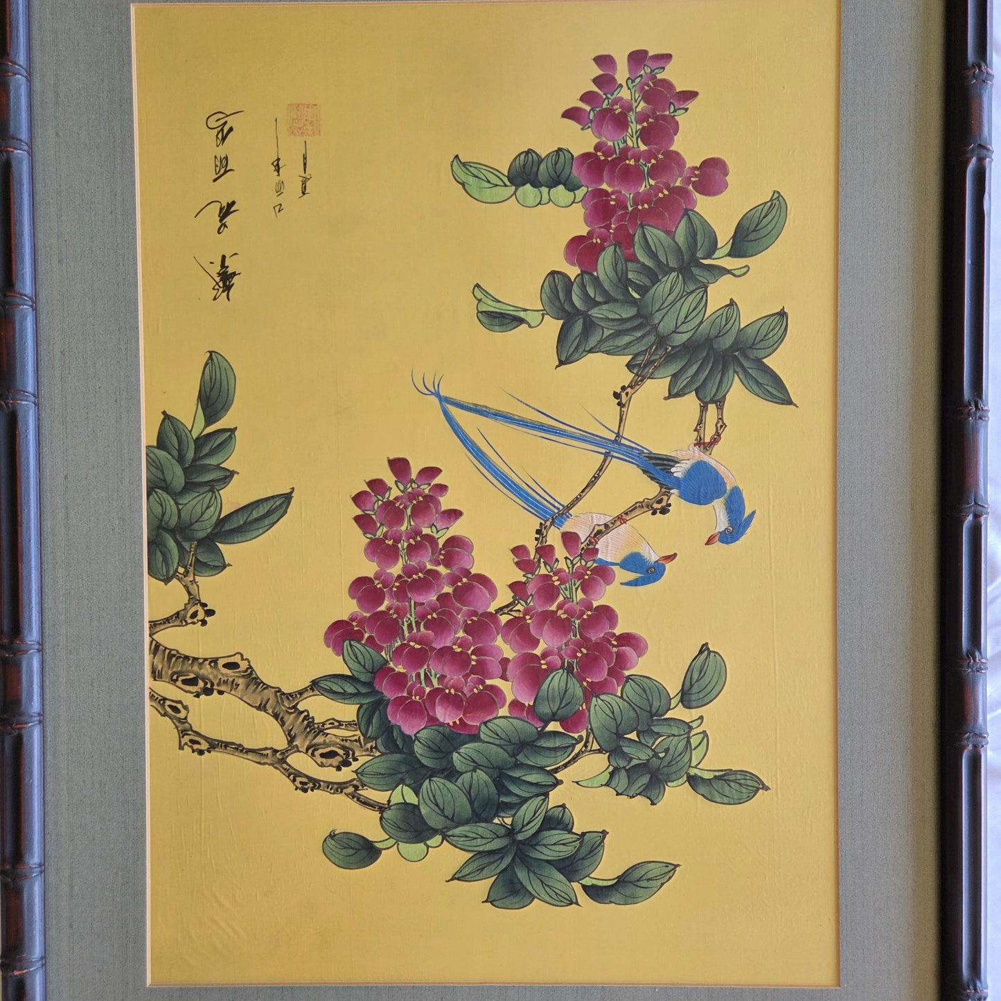 Japanese Original Painting On Silk Signed Long Tail Blue Birds Blooming Wisteria