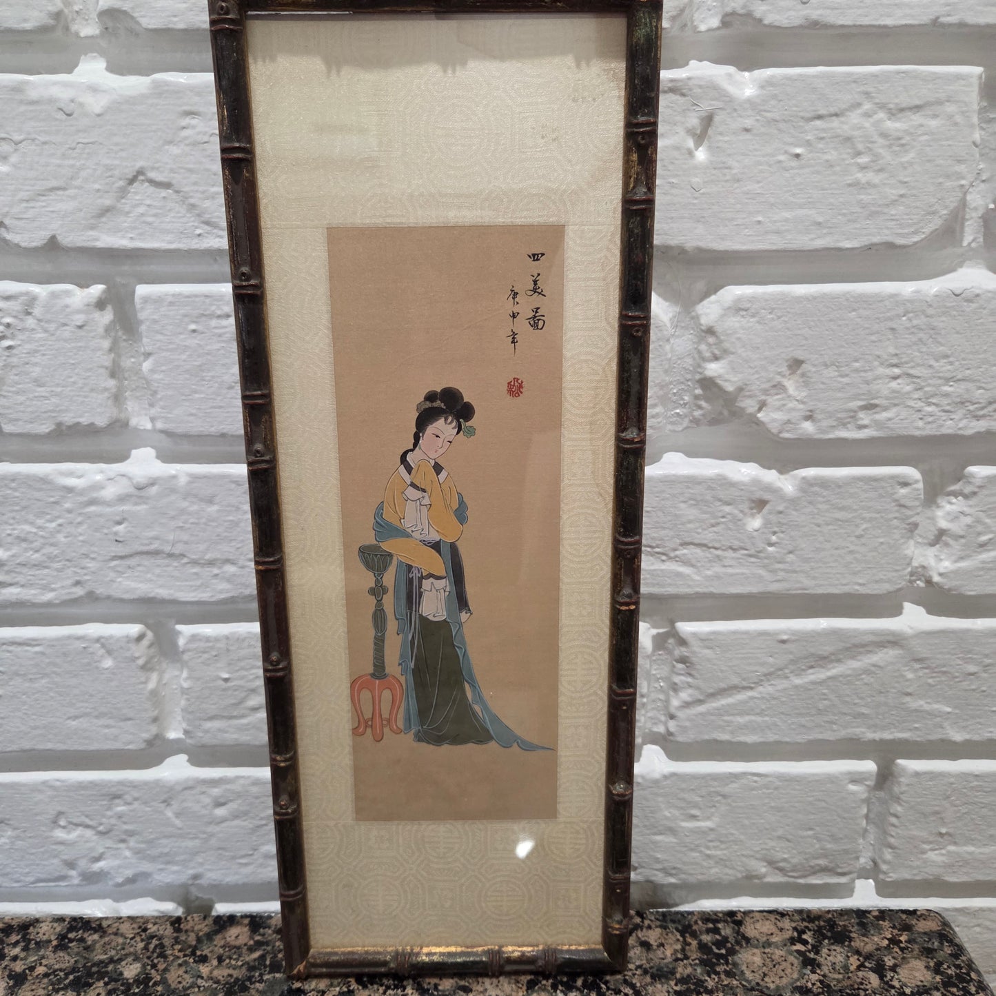Japanese Art Geisha Girl Color Painting On Silk Signed Original Oriental Tapestry