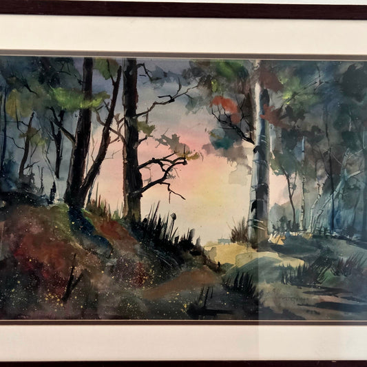 Eli Geller Signed Original Watercolor Painting Forest Trees Sunset Artwork Decor