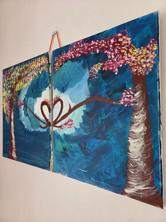 Original Diptych Tree Painting Heart Branches Romantic Cherry Blossom Canvas Art