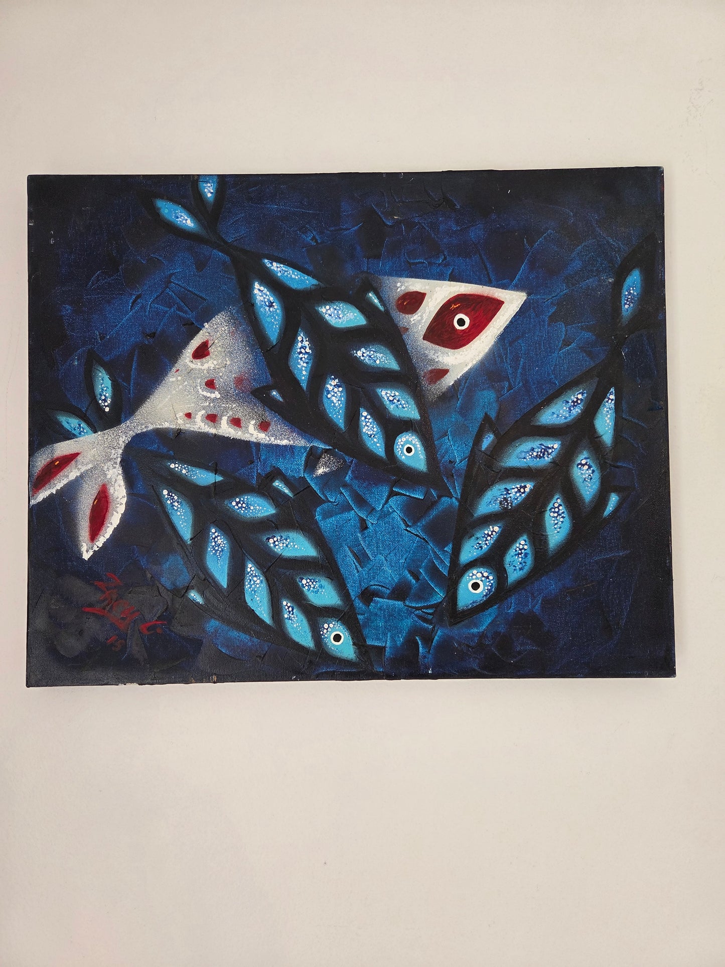 Original Abstract Koi Fish Painting - Modern Blue Marine Ocean Contemporary Art