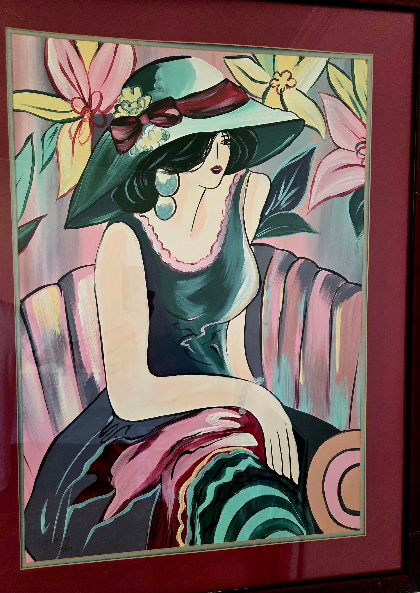 Original Acrylic Painting Elegant Woman in Floral Hat Portrait Fashion Wall Art