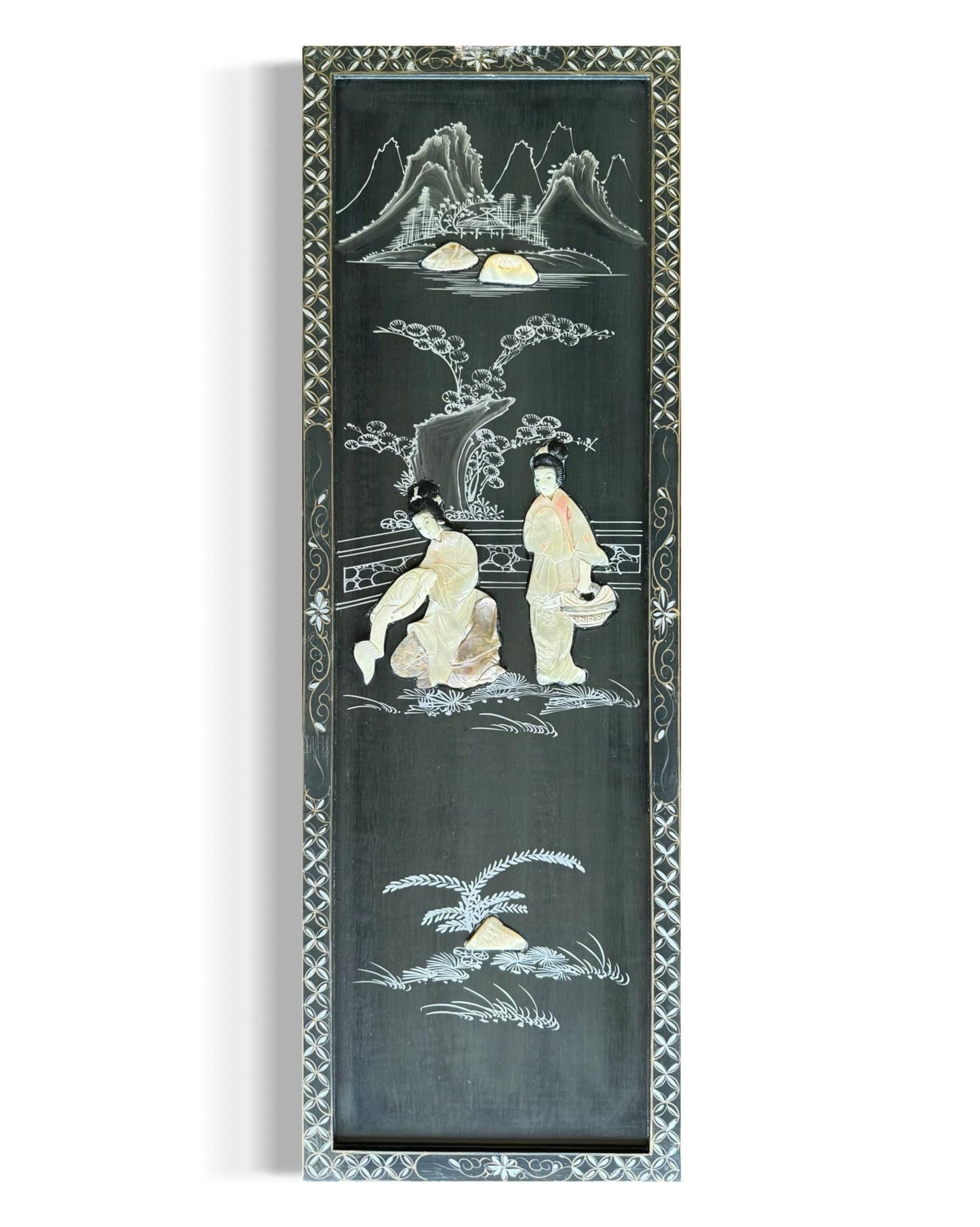 A Vintag Mother Of Pearl Asian Art Hand Painting Wall Hanging Wood Black Lacquer