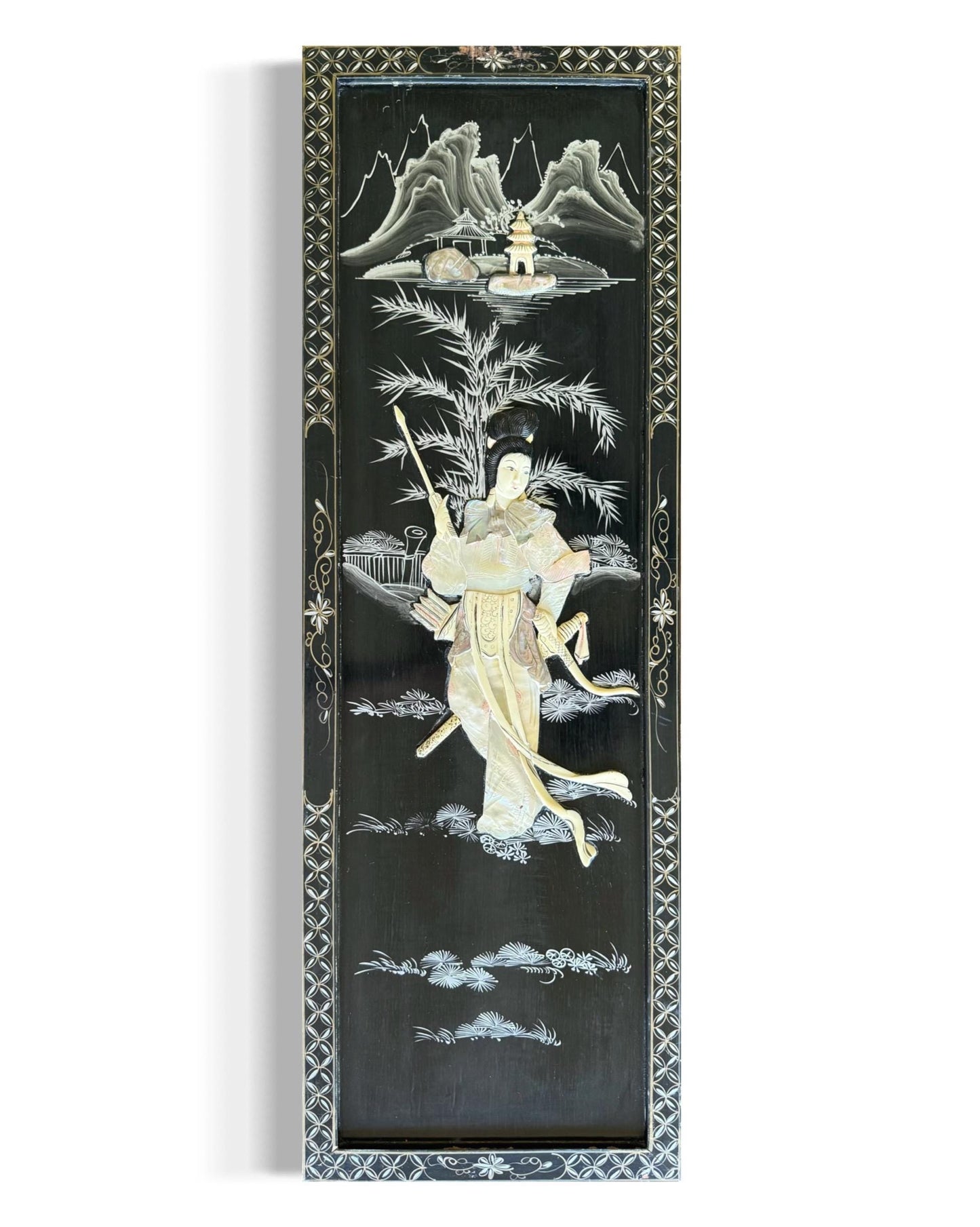 A Vintag Mother Of Pearl Asian Art Hand Painting Wall Hanging Wood Black Lacquer