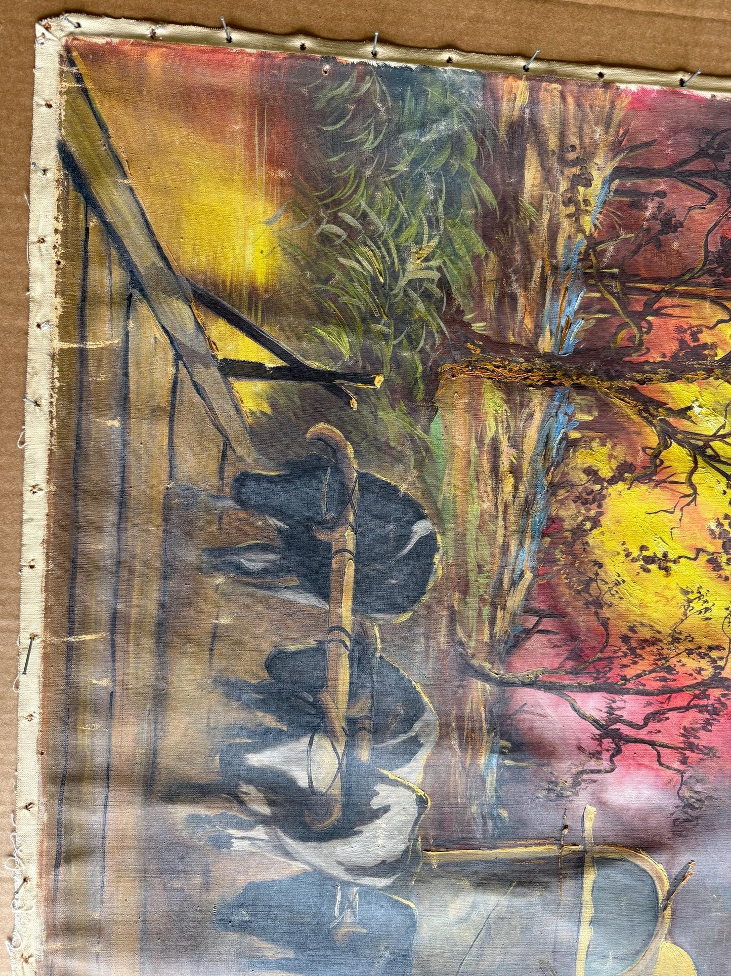 An Old Original Painting Signed Benedito Luizi Cowboy Western Wagon Mill Road