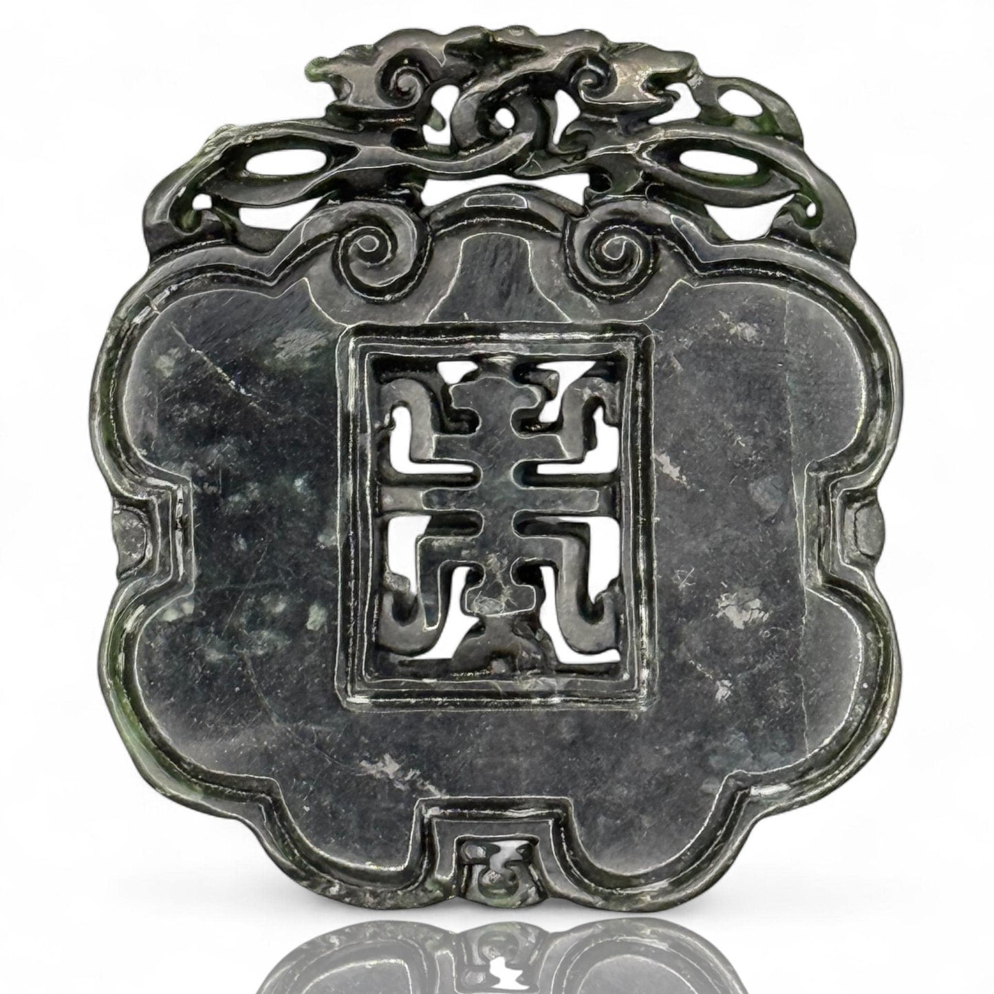 Antique Asian Black Natural Jade Amulet Round Hand Carved Bat Coin Medallion Art