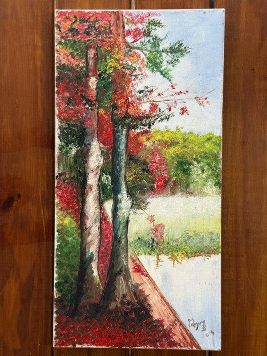 Original Acrylic Painting Canvas Art Signed Dated Autumn Forest Tree River Scene