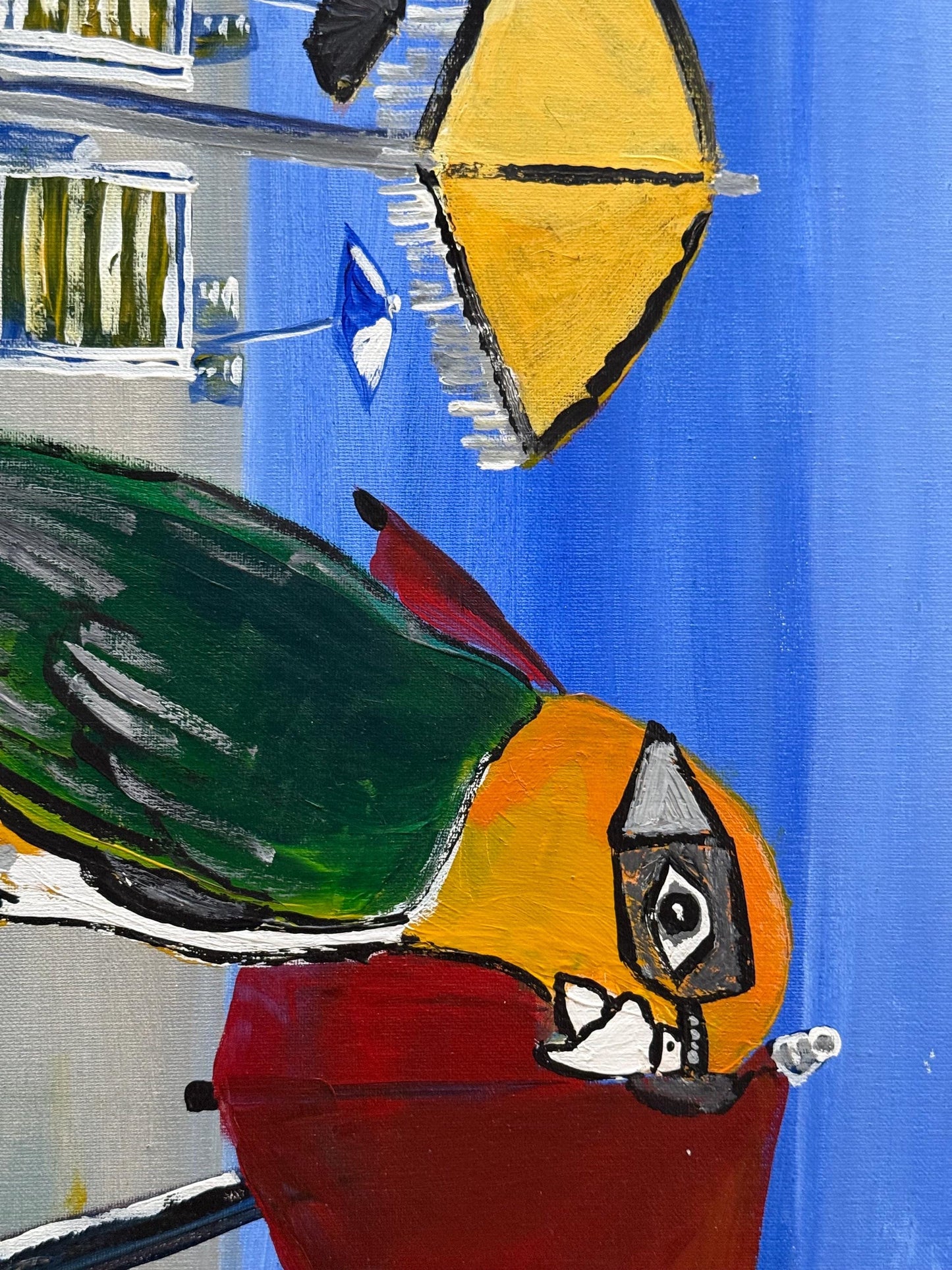A Signed Artist Original Artwork Art Painted Canvas Island Parrot wearing Goggle