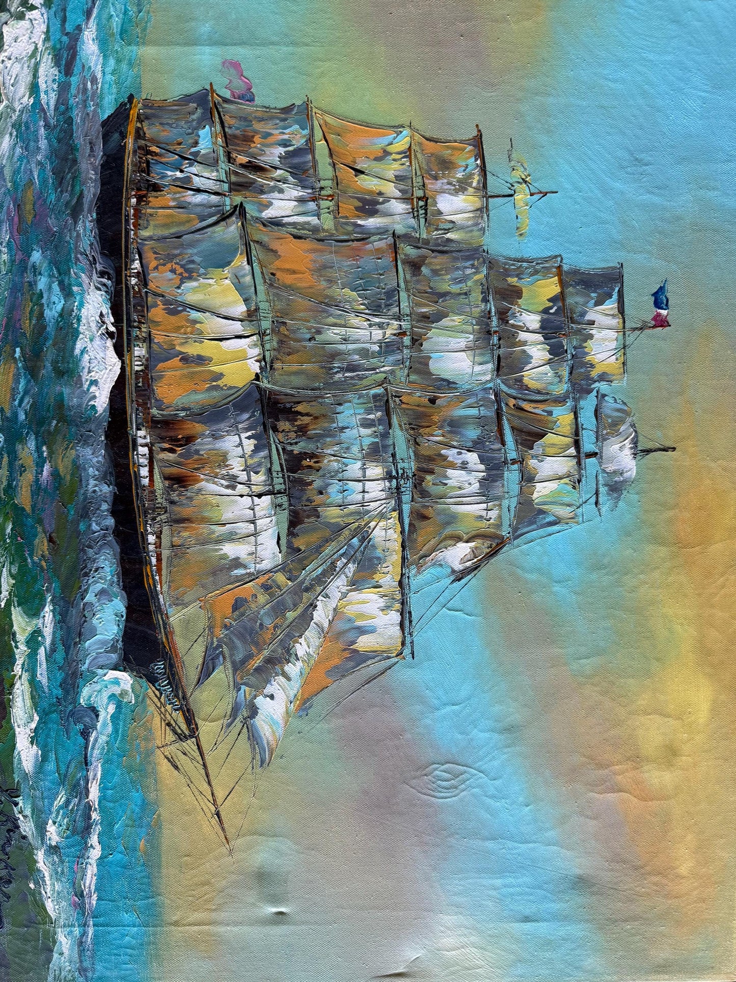 A Vtg Painted Canvas Signed Original Maritime 20th Century Ship Sea Art Y.Kinker