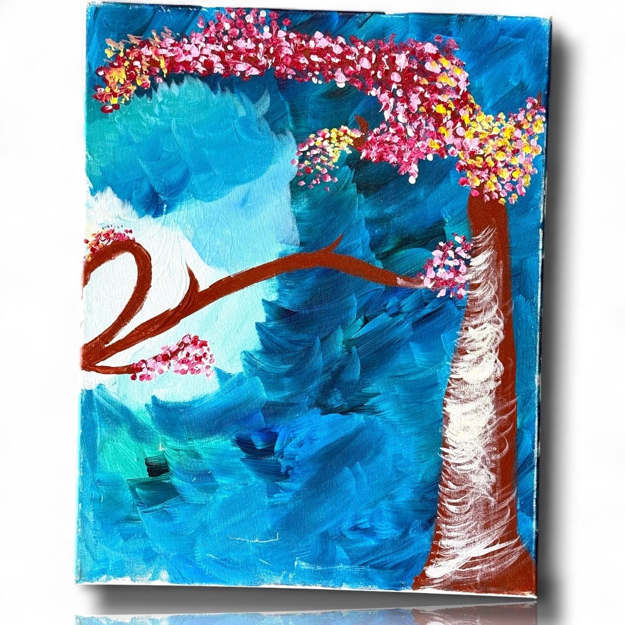 A Painted Canvas Artist Original Artwork Art Piece Pink Blue Cherry Blossom Tree