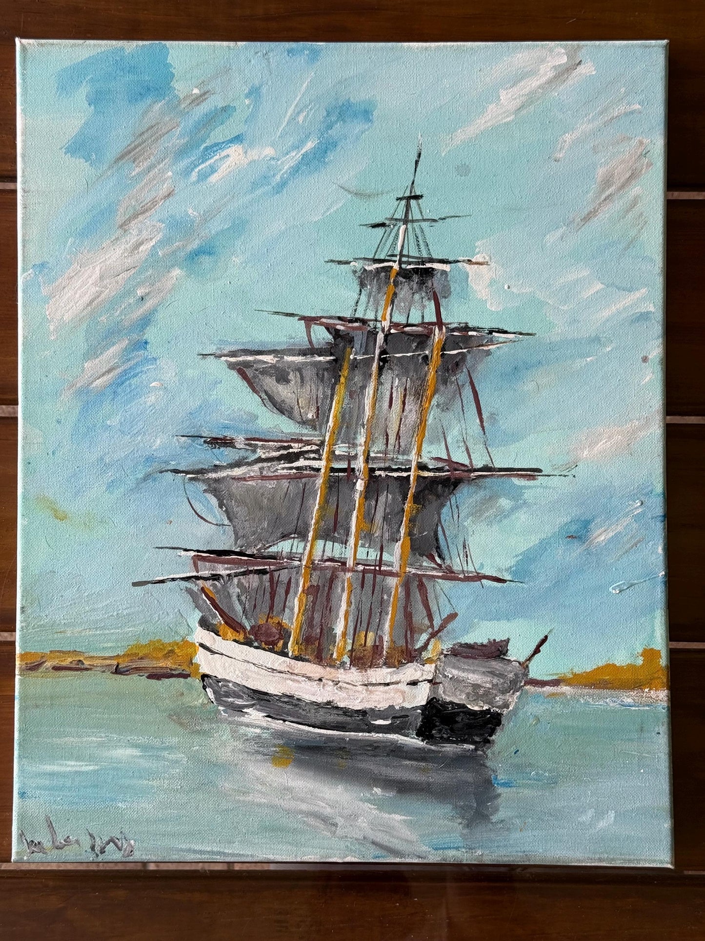 Artist signed original artwork painted Canvas Sail Boat Ship Blue Sea Collector