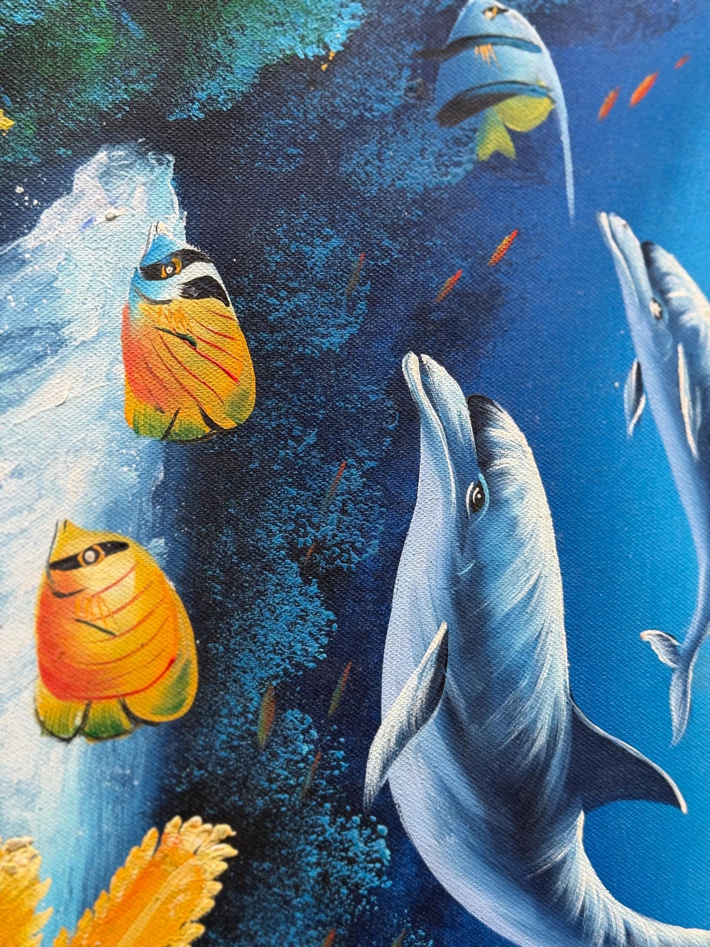 A Signed painted Original Canvas Underwater Sea Reef Dolphins Fish world art