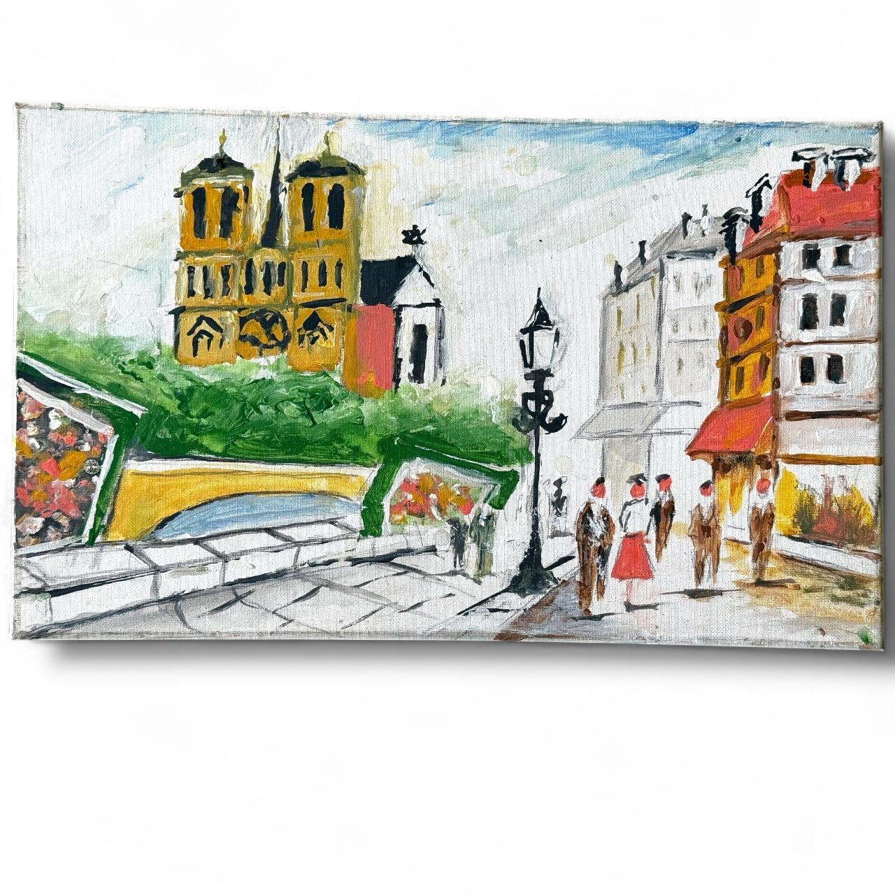 A hand painted original artist artwork vibrant Paris Notre-Dame bustling streets
