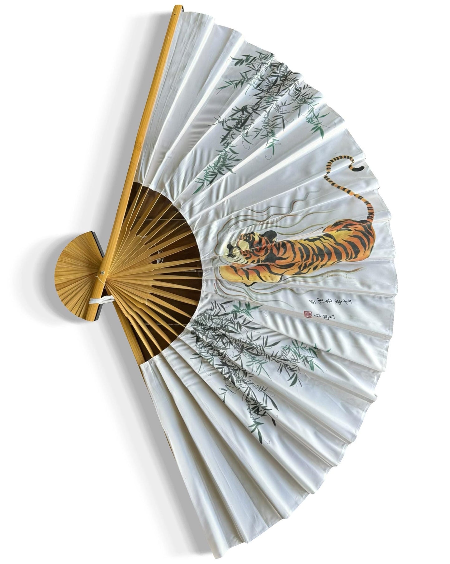 A Vtg Lrg Handheld Wooden Folding Fan Tiger Painting Asian Japanese Korean Art