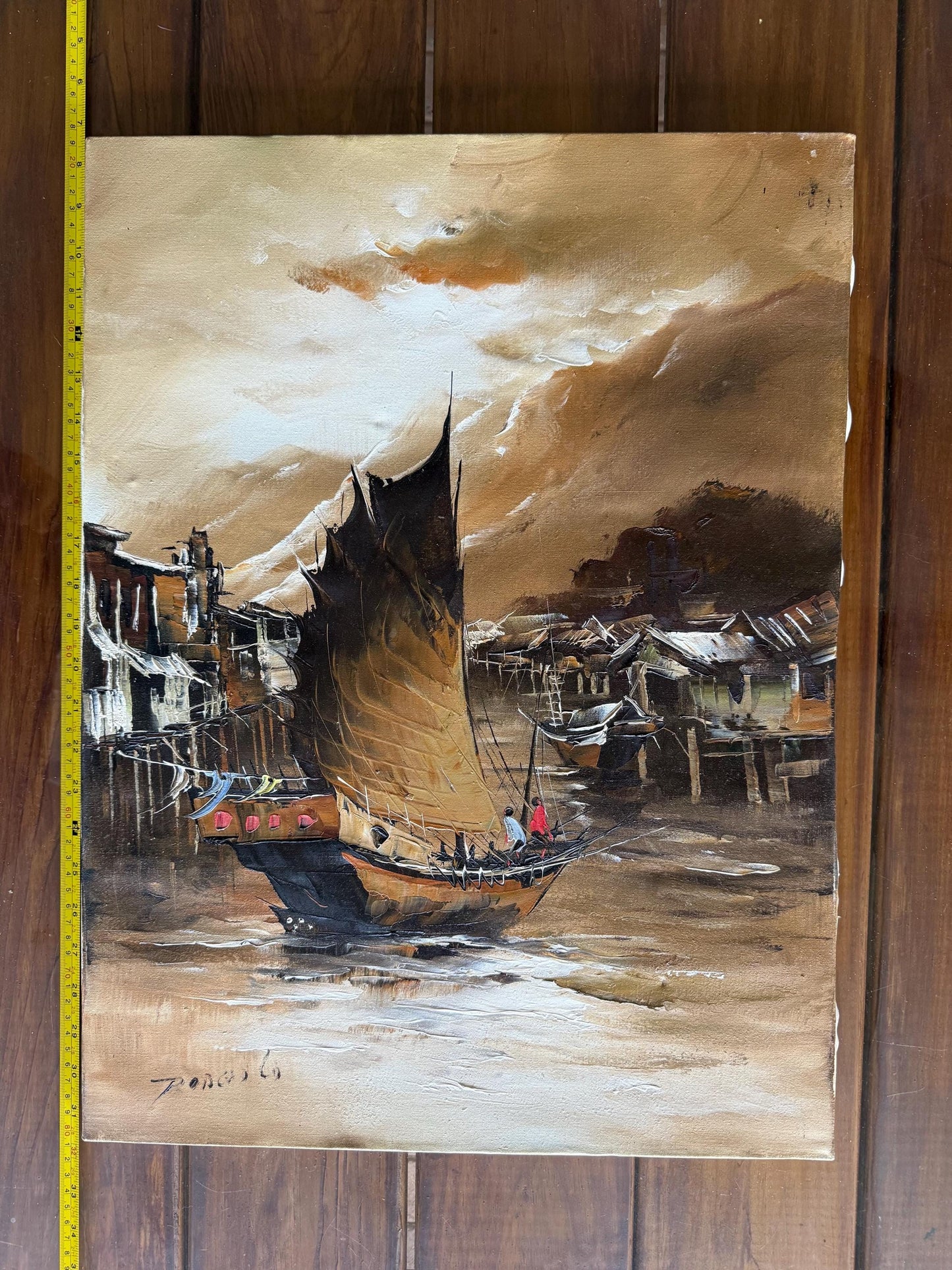 A Signed Original Painted Canvas Chinese Sail Boat Ship Shrimp Harbor Scene Art