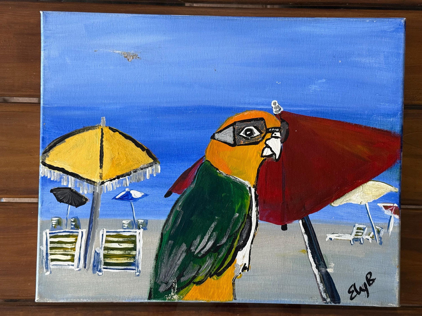 A Signed Artist Original Artwork Art Painted Canvas Island Parrot wearing Goggle