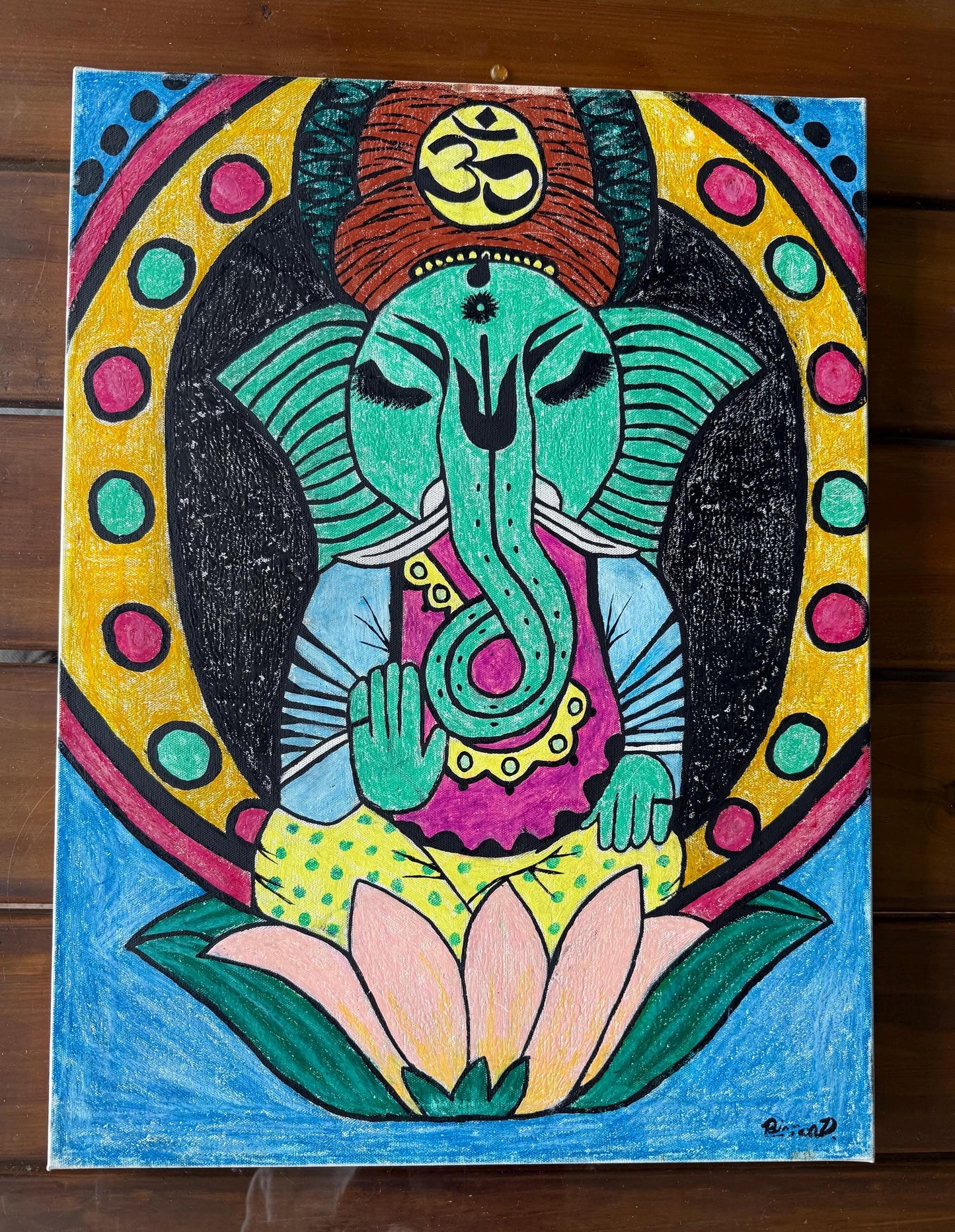 An Original Painted Canvas Artist Art Signed Ganesh Artwork Spiritual Drawing