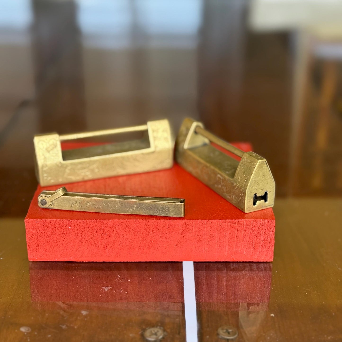 An Antique Chinese Brass Padlocks with Key Both Engraved All Sides and Key Works