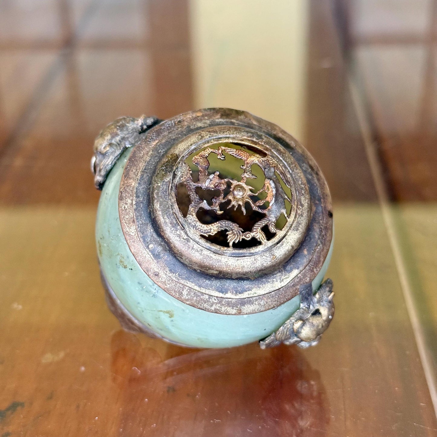 Antique Green Nephrite Jade and White Metal Foo Dog Dragon Incense Burner Jar Chinese