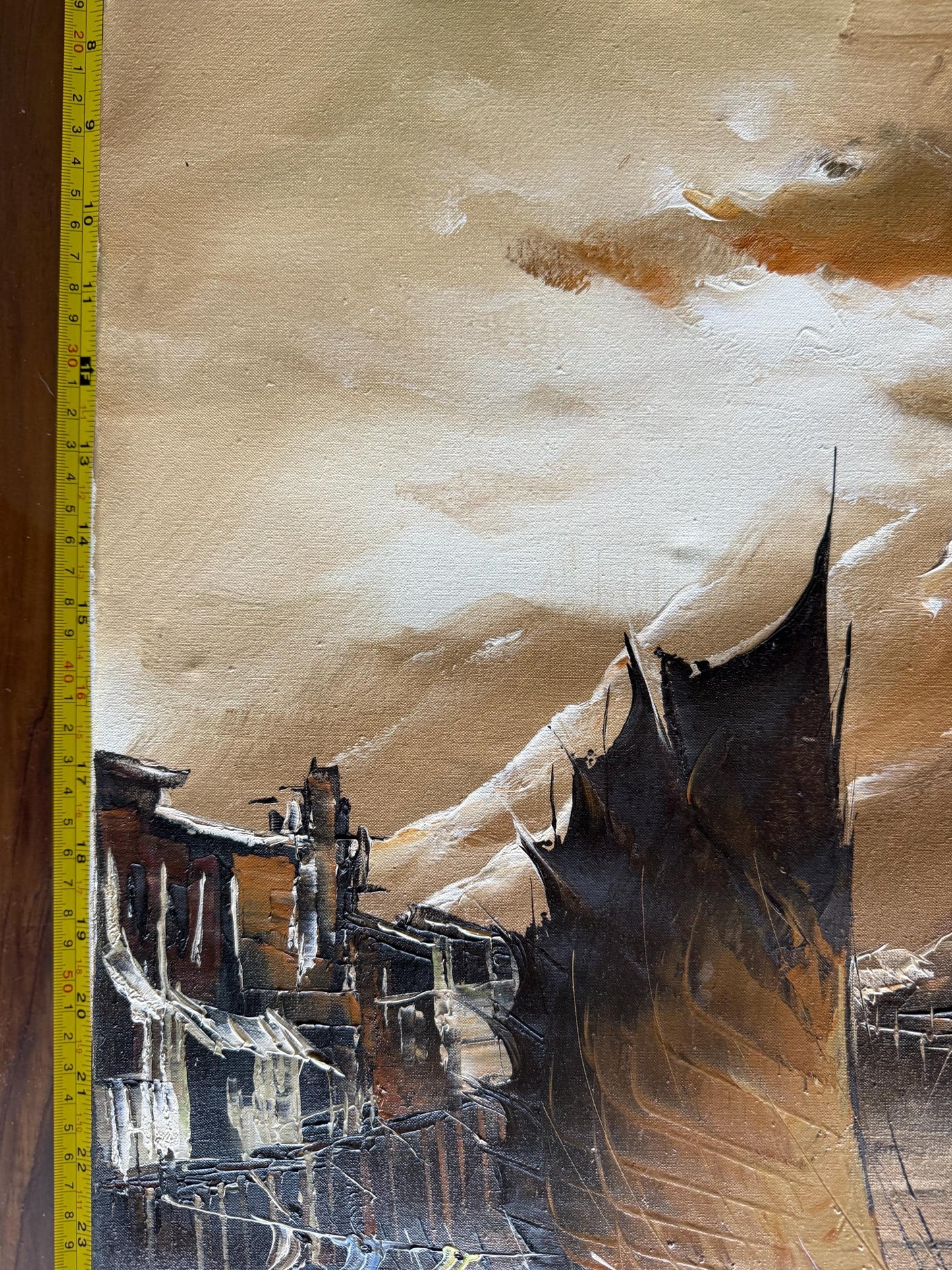 A Signed Original Painted Canvas Chinese Sail Boat Ship Shrimp Harbor Scene Art