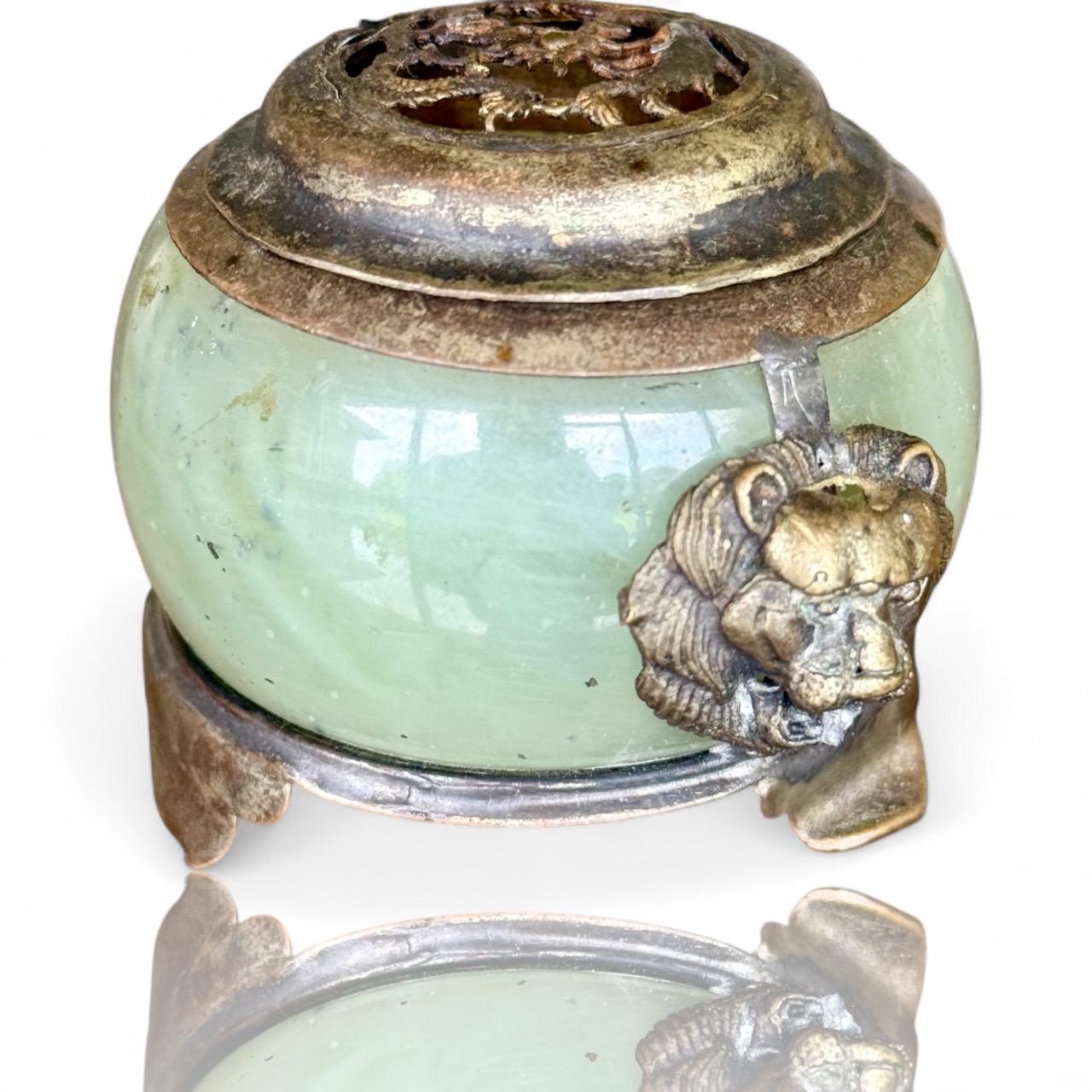 Antique Green Nephrite Jade and White Metal Foo Dog Dragon Incense Burner Jar Chinese