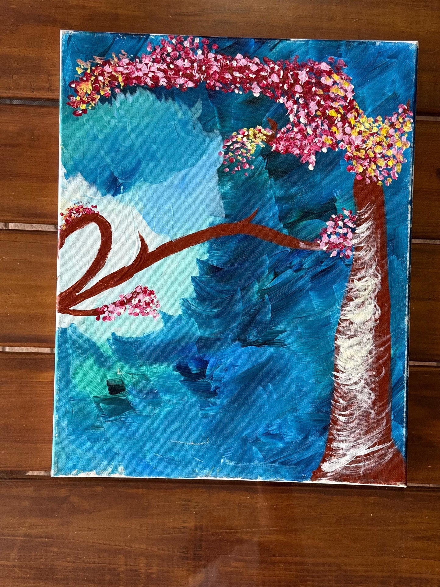 A Painted Canvas Artist Original Artwork Art Piece Pink Blue Cherry Blossom Tree