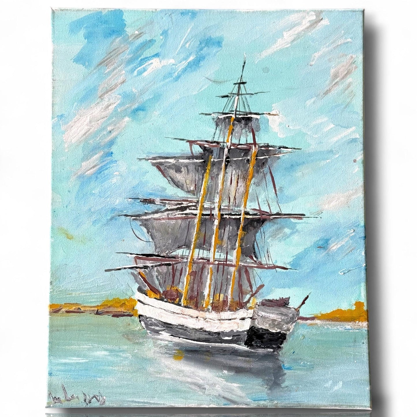 Artist signed original artwork painted Canvas Sail Boat Ship Blue Sea Collector