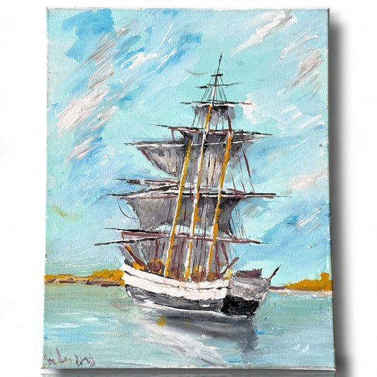 Artist signed original artwork painted Canvas Sail Boat Ship Blue Sea Collector