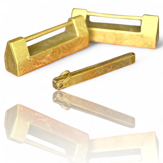 An Antique Chinese Brass Padlocks with Key Both Engraved All Sides and Key Works