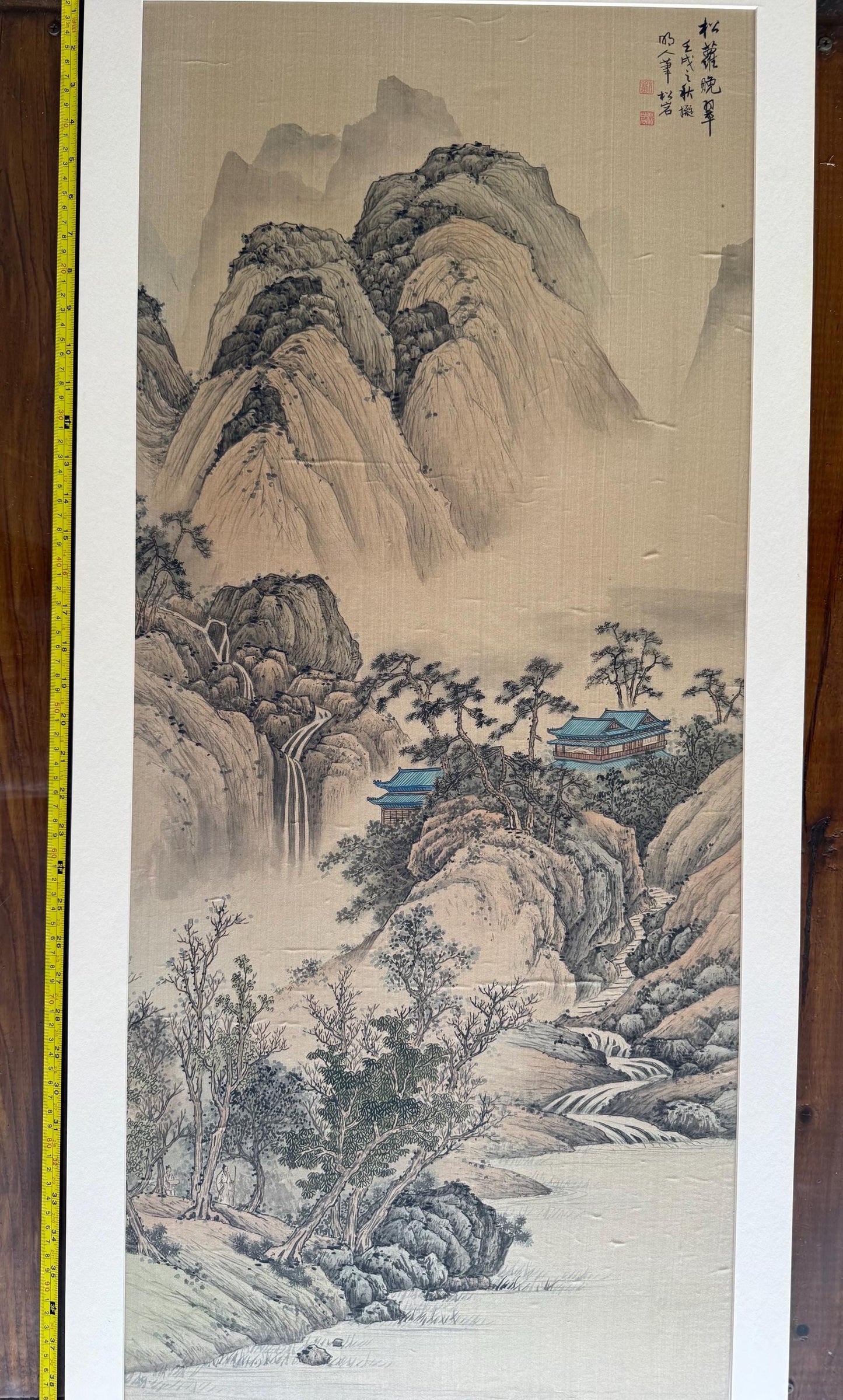 Original Chinese Watercolor and Ink Landscape Painting on Silk Scroll, Mountains and Village