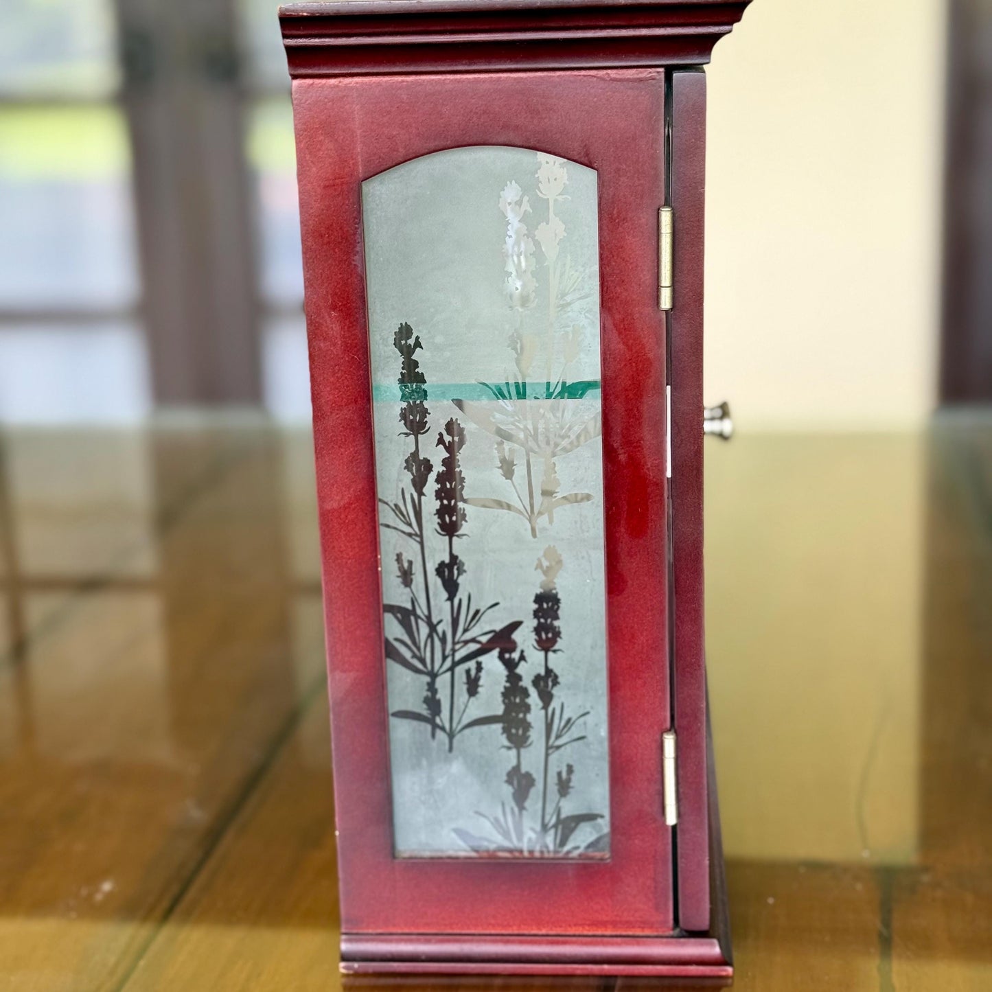 A Cherry Wood Glass Trinket Vintage Wall Hanging Display Jewelry Charm Cabinet