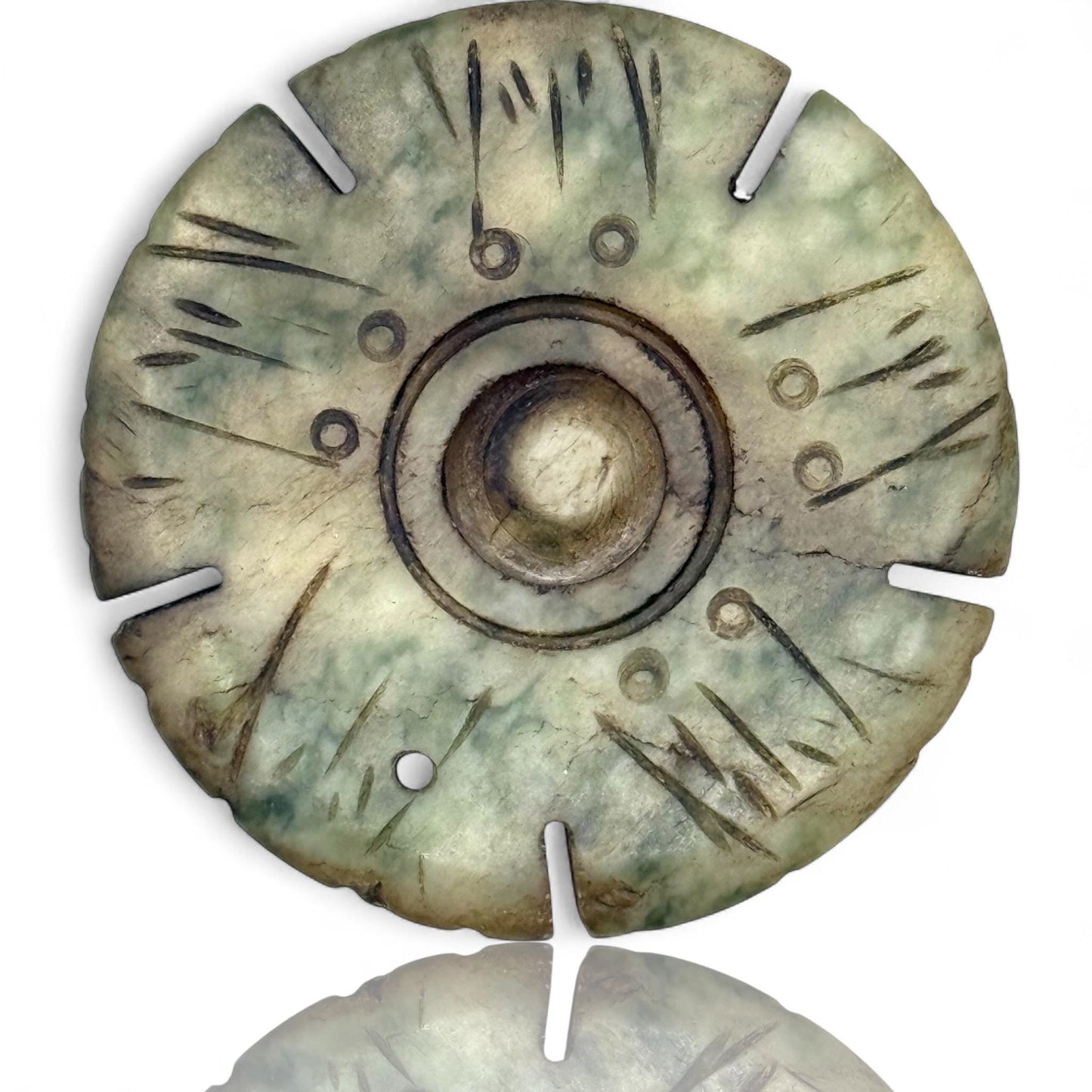 An Antique Carved all White Green Jade Medallion 2” Pendant Spinning Pray Wheel