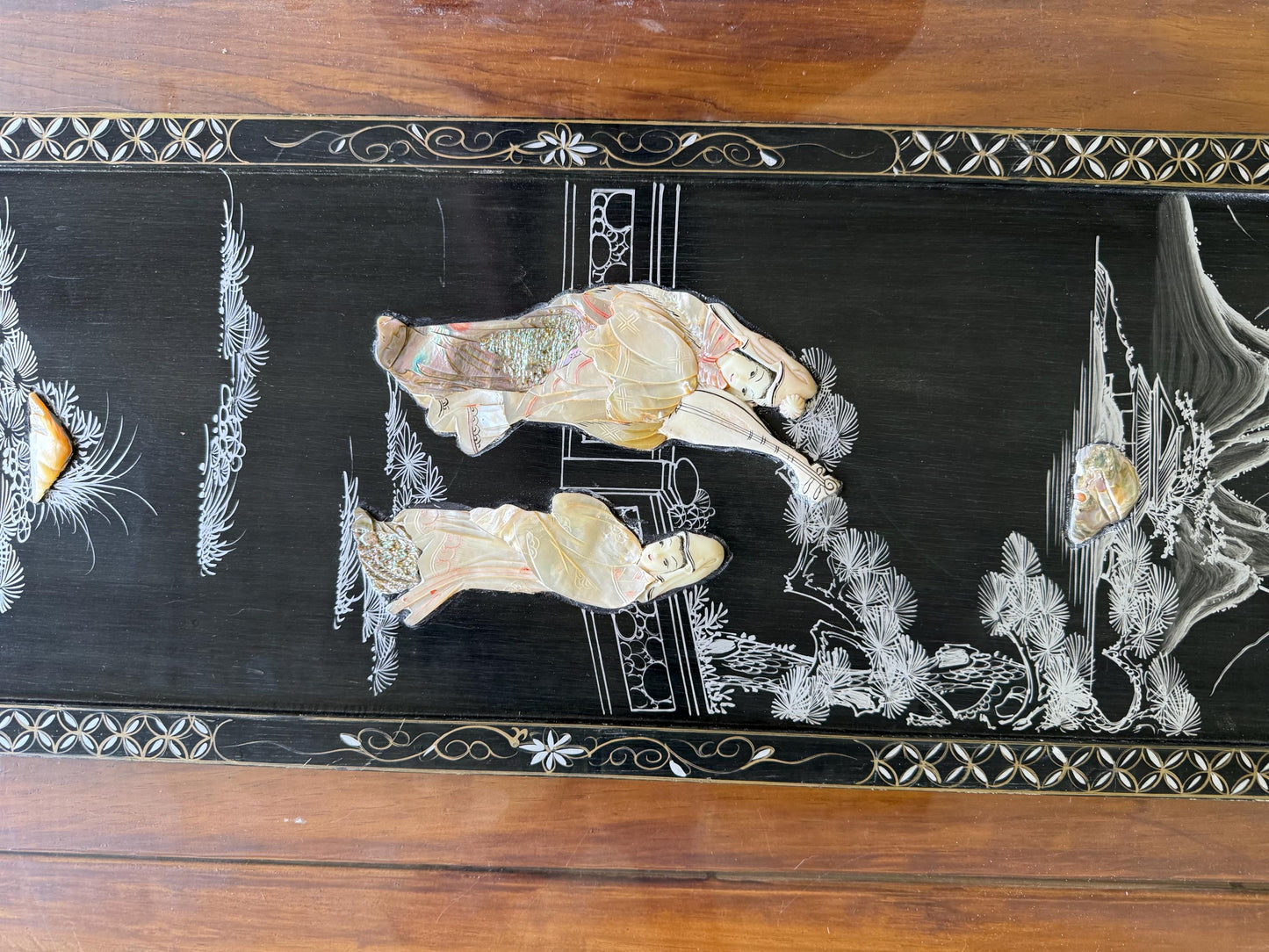 A Vintag Mother Of Pearl Asian Art Hand Painting Wall Hanging Wood Black Lacquer