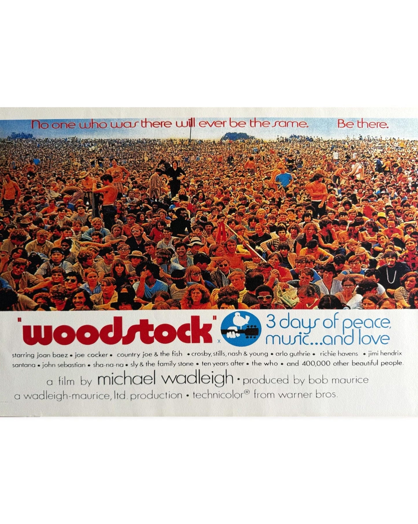 WOODSTOCK" 3 Days of Peace, Music...and LOVE. Crowd Scene Warner Bros poster