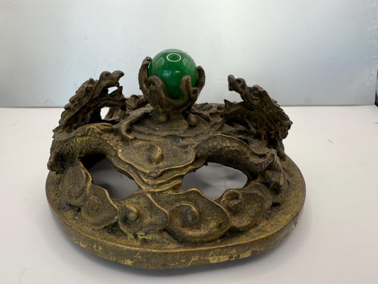 An Ornate Bronze Dualing Dragons with Jade Marble Orb Ball Censer Antique