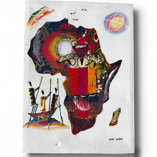 A Canvas Painted Fabric Signed Senegal Artist Pape Daouda Gueye Africa Continent