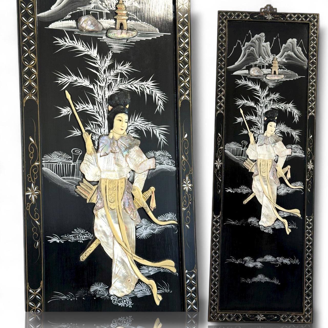 A Vintag Mother Of Pearl Asian Art Hand Painting Wall Hanging Wood Black Lacquer