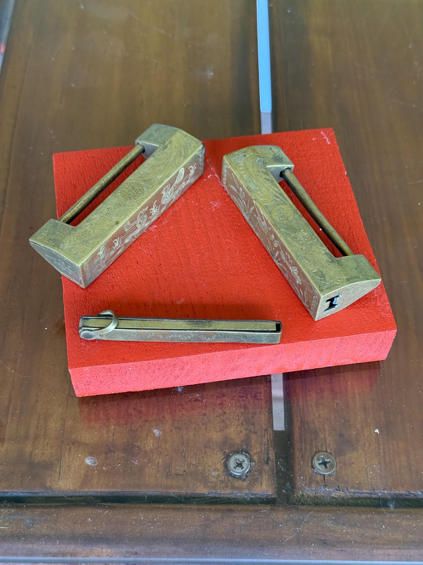 An Antique Chinese Brass Padlocks with Key Both Engraved All Sides and Key Works