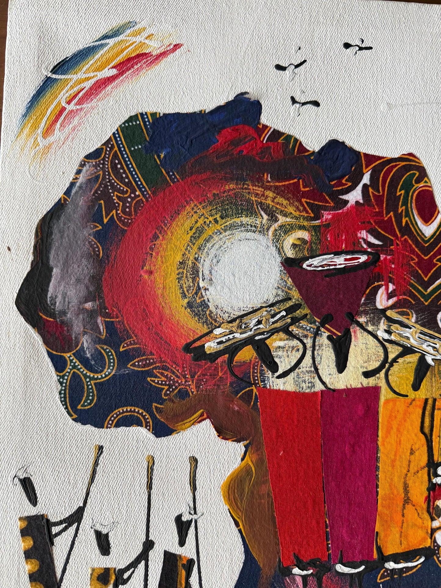 A Canvas Painted Fabric Signed Senegal Artist Pape Daouda Gueye Africa Continent