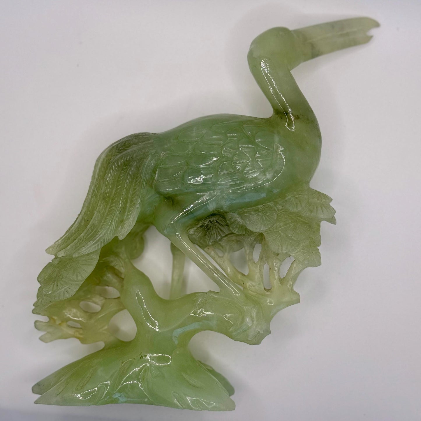 Antique Chinese Hand-Carved Light Green Jade Crane Bird Prunus Flower Sculpture Art