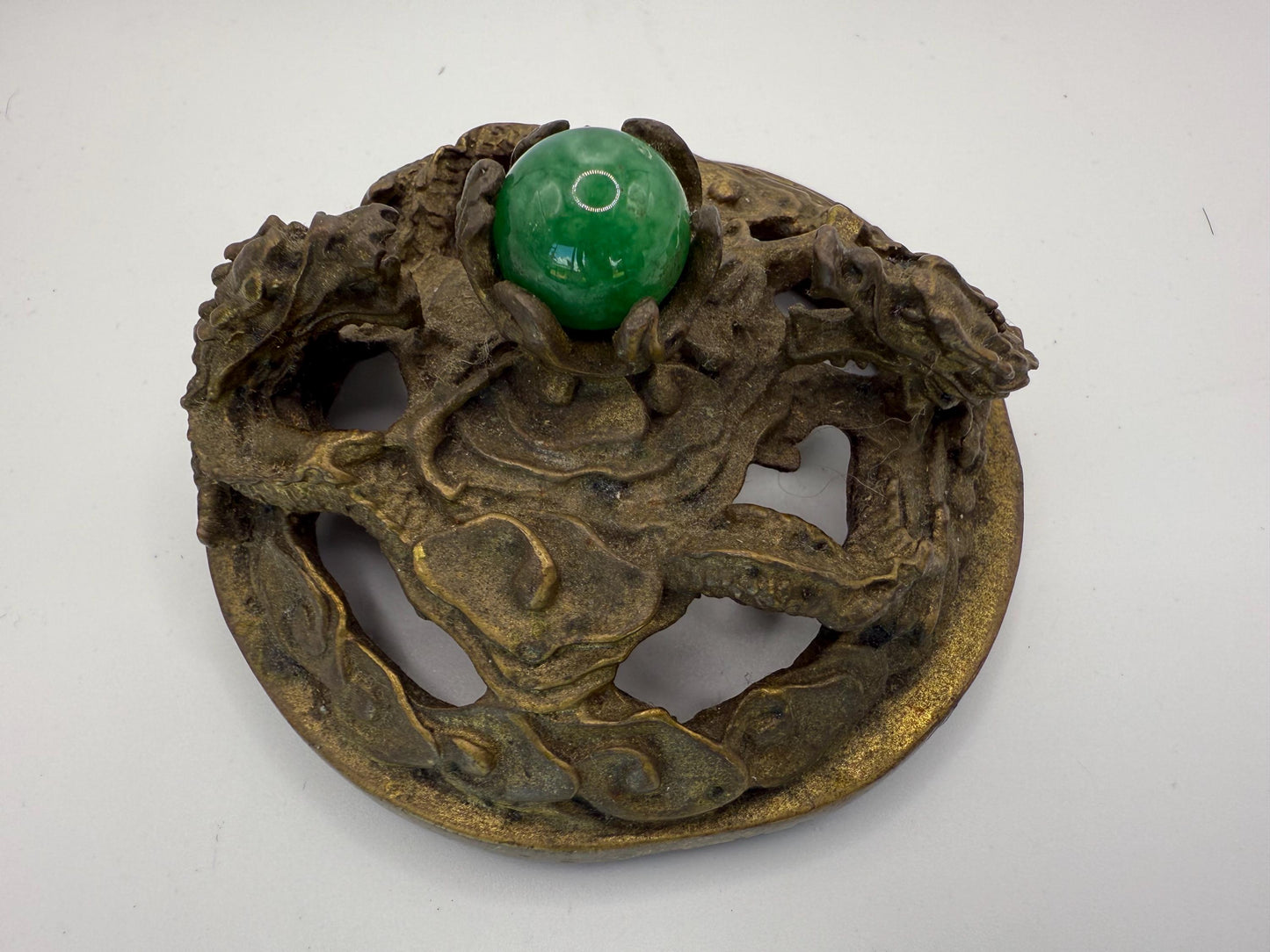An Ornate Bronze Dualing Dragons with Jade Marble Orb Ball Censer Antique