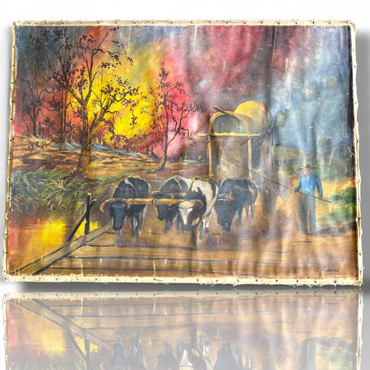 An Old Original Painting Signed Benedito Luizi Cowboy Western Wagon Mill Road