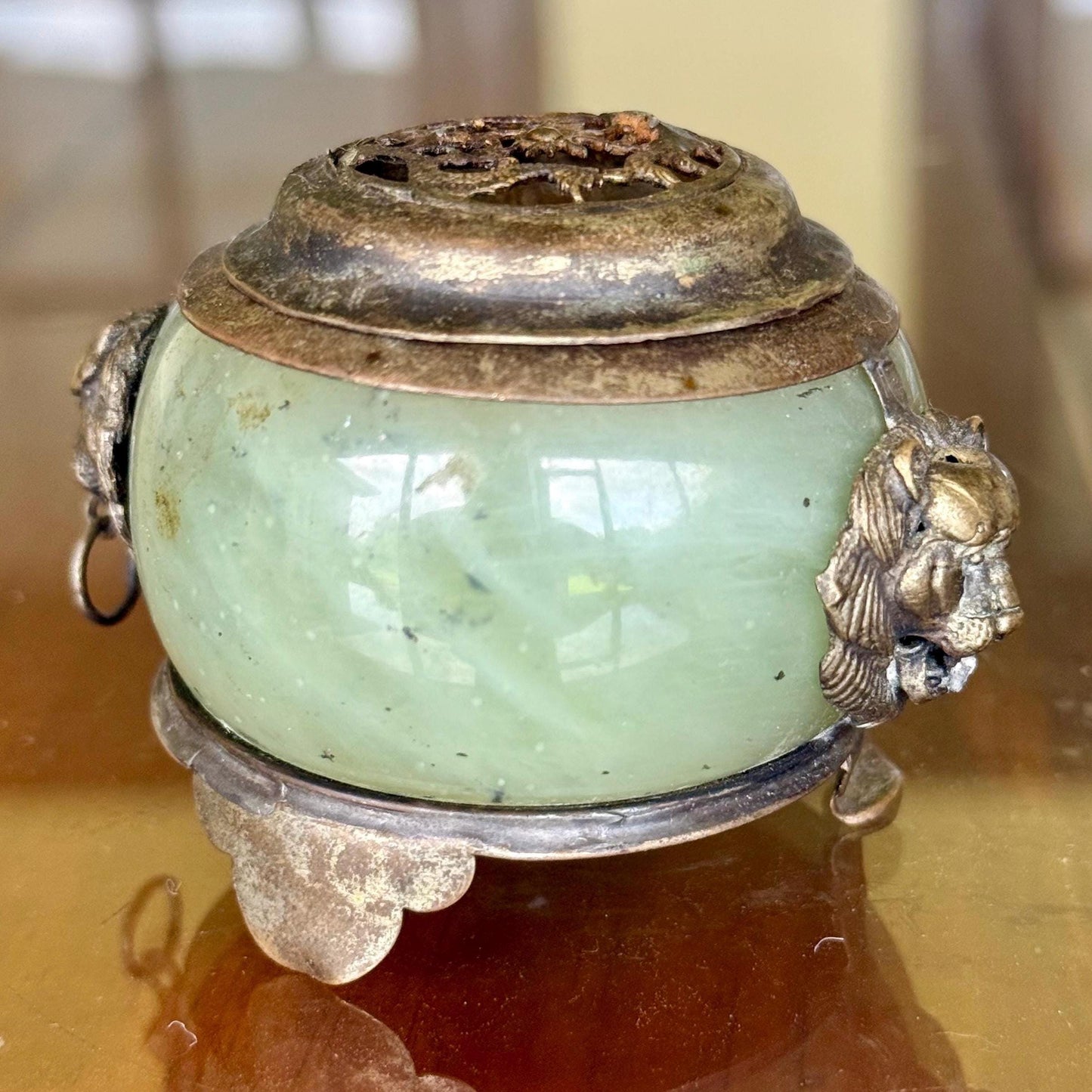 Antique Green Nephrite Jade and White Metal Foo Dog Dragon Incense Burner Jar Chinese