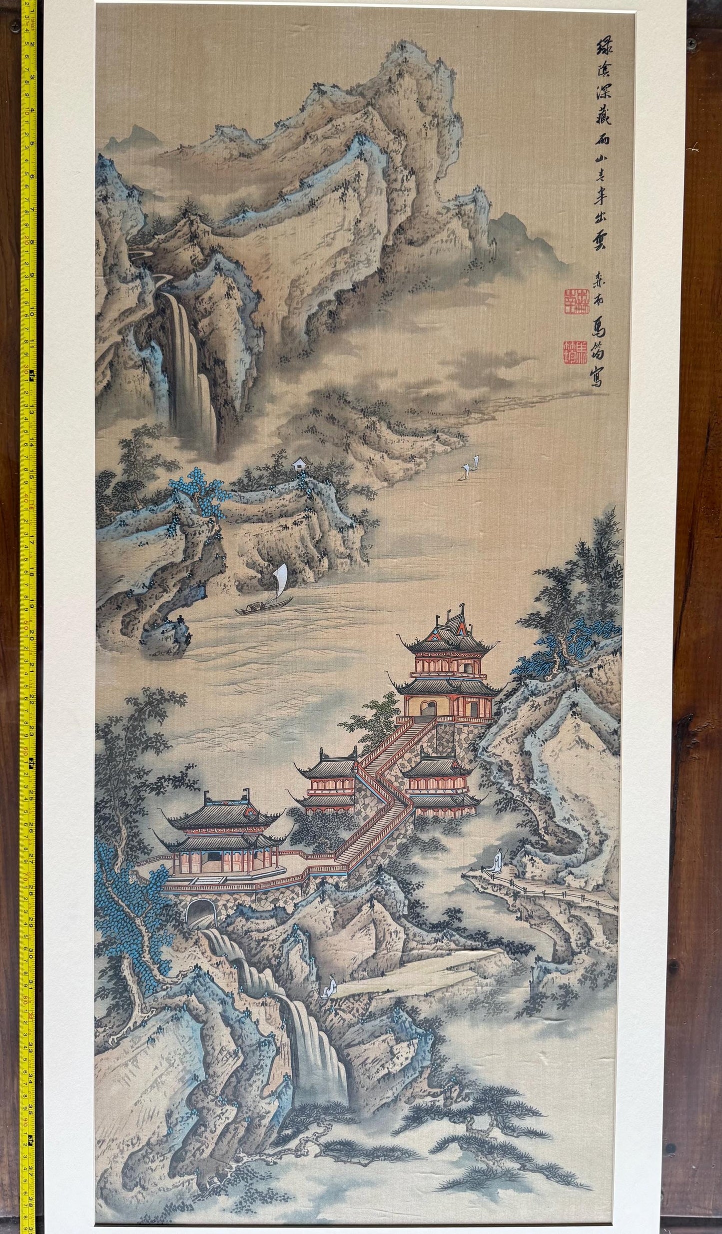 A Japanese Watercolor Painting Hanging Scroll Art Silk Mountain River Landscape