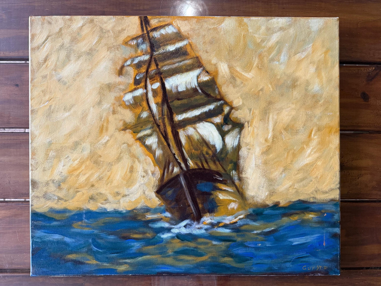 Clipper Sailboat Impressionistic Acrylic Painting Original Canvas Artwork Signed