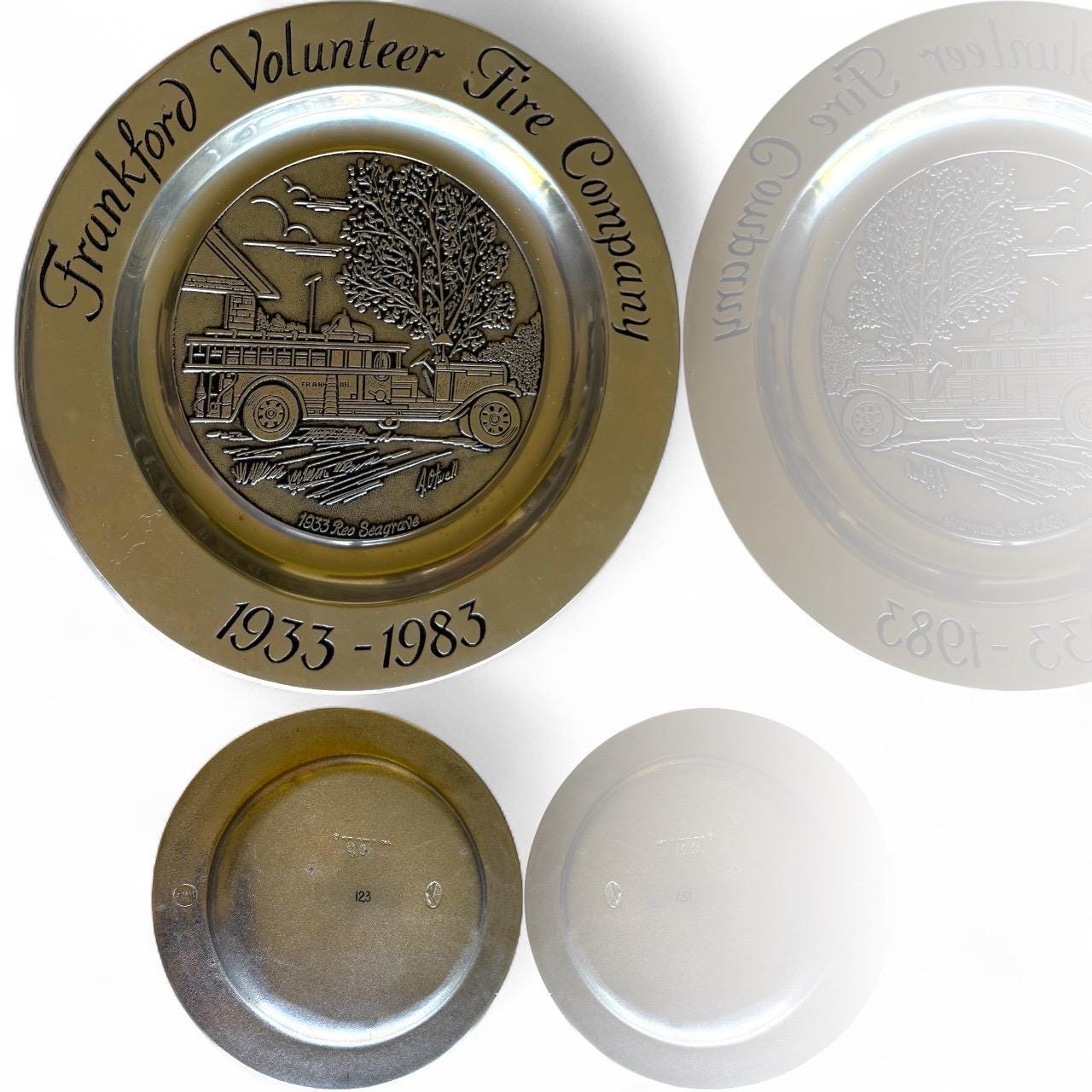 A Vintage Wilton Pewter Plate 1933 Reo Seagrave A.Otwell Frankford Volunteer Fire Company
