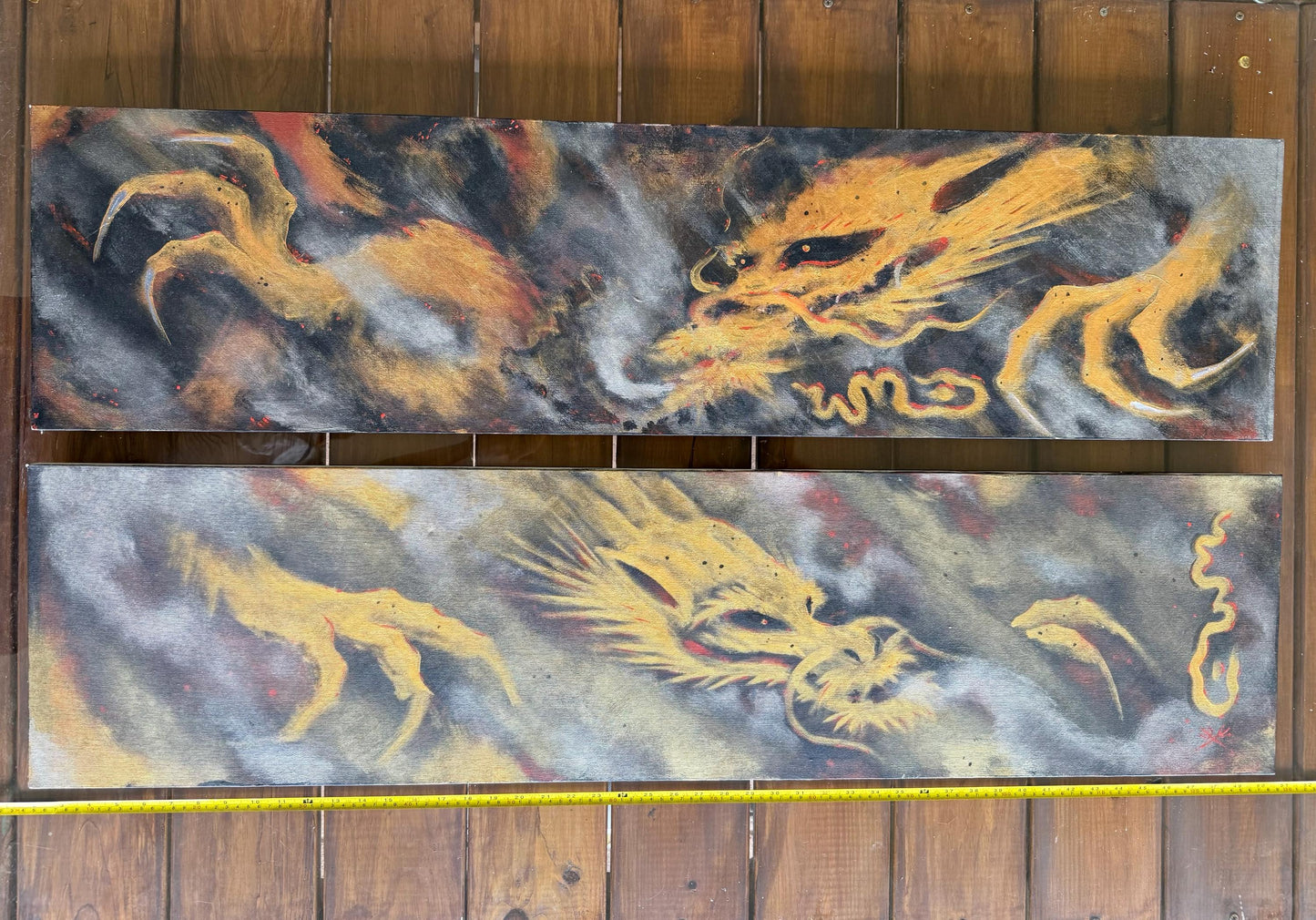 A Spray Painted Canvas Original Art Signed Metallic Gold Silver Smoking Dragon